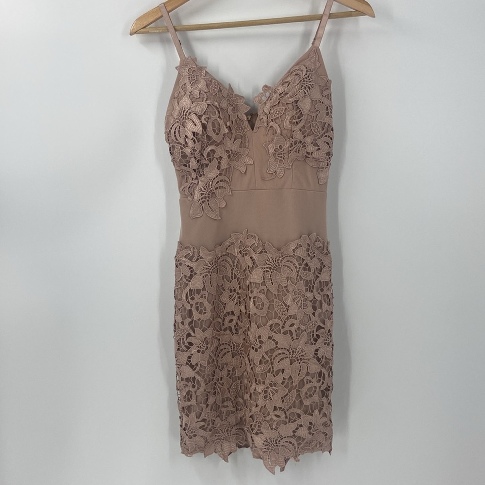 Blush body con dress V neck lace embroidered overlay spaghetti straps